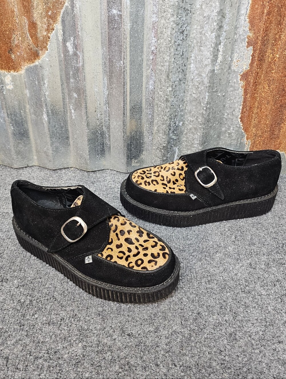 T.U.K. Black Suede Leopard Print Creeper Shoes- Unisex